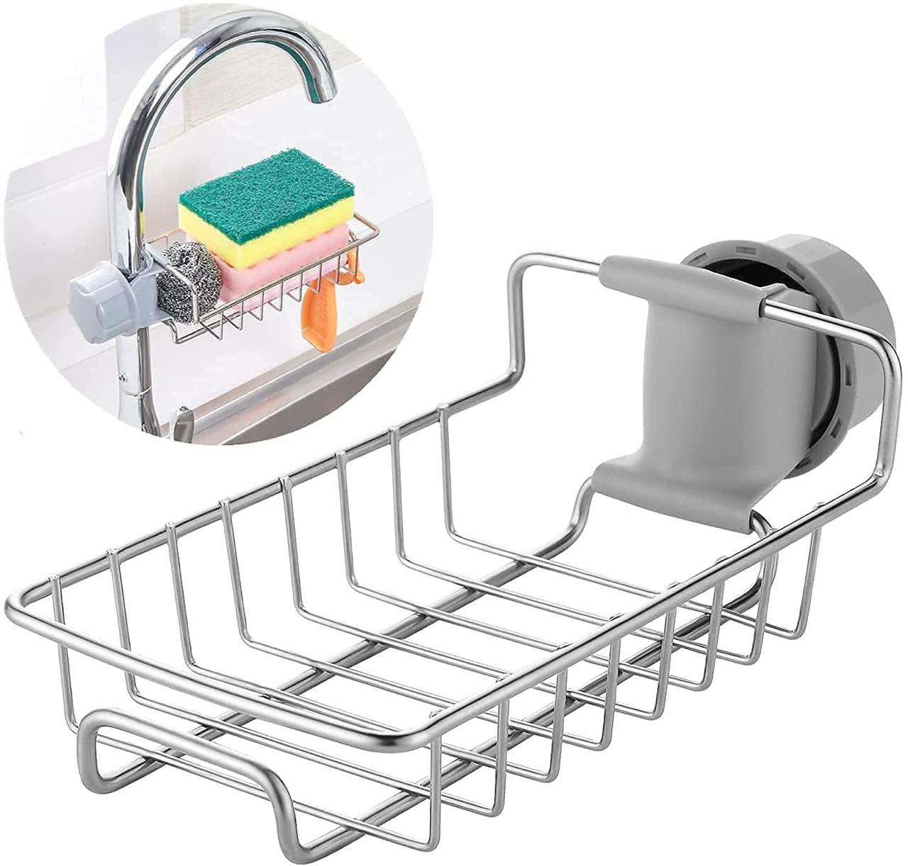 kitchen adjustable sink faucet shelf, stainless steel drain rack, sink soap holder, faucet organizer, sponge holder rack, kitchen sink storage, rustproof sink shelf, sink drain organizer.