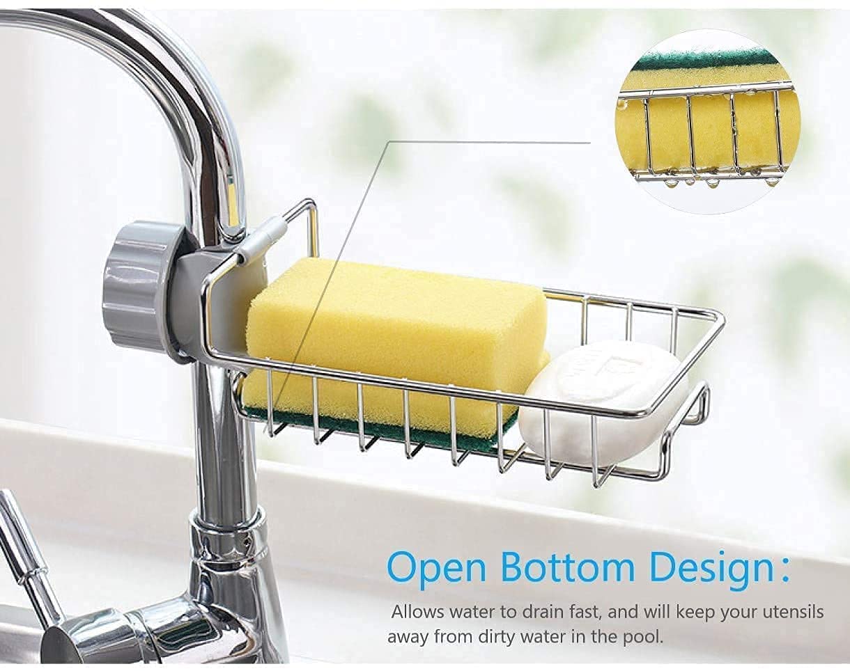 kitchen adjustable sink faucet shelf, stainless steel drain rack, sink soap holder, faucet organizer, sponge holder rack, kitchen sink storage, rustproof sink shelf, sink drain organizer.