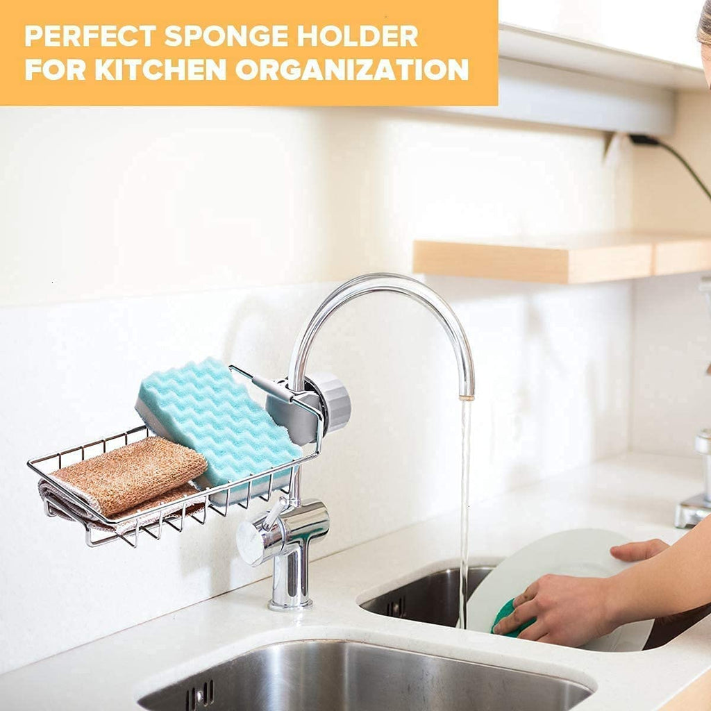 kitchen adjustable sink faucet shelf, stainless steel drain rack, sink soap holder, faucet organizer, sponge holder rack, kitchen sink storage, rustproof sink shelf, sink drain organizer.